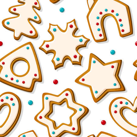 Christmas seamless pattern with gingerbread cookies on white background. Homemade biscuits in shape of house and Christmas tree, star and snowflake and heart. Vector illustrationのイラスト素材