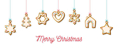 Hanging Christmas gingerbread. Homemade cookies in shape of house and Christmas tree, star and snowflake and heart for festive background and horizontal web banner. Vector illustrationのイラスト素材