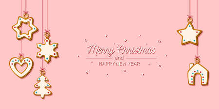 Christmas greeting card. Hanging gingerbread Cookies on pink background. Festive biscuits in shape of house and Christmas tree, star and snowflake and heart. Vector illustrationのイラスト素材