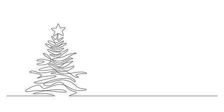 One continuous line drawing of Christmas tree with star on top. Pine plant in simple doodle style. Thin liner vector illustrationのイラスト素材