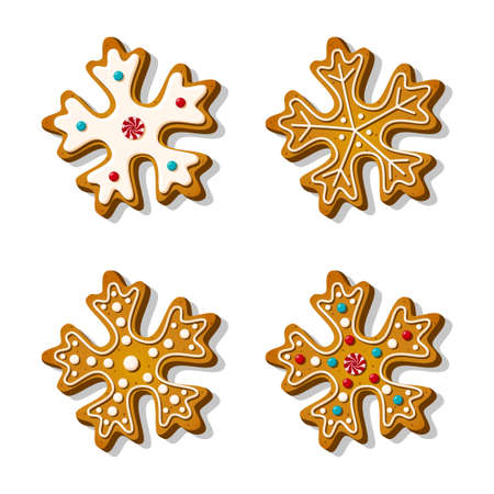 Christmas cookies gingerbread in snowflake shapes with sugar frosting in cartoon style. Festive sweet biscuits isolated on white background. Homemade dessert pastry. Vector illustrationのイラスト素材
