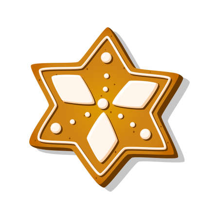Christmas gingerbread cookie in star shape with icing in cartoon style. Winter sweet biscuit isolated on white background. Cute homemade dessert pastry. Vector illustrationのイラスト素材