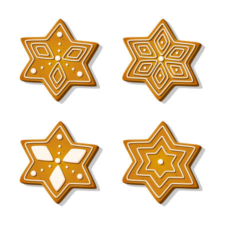 Christmas cookies gingerbread in shape of stars with sugar icing in a cartoon style. Festive sweet cookies on white background. Homemade dessert. Vector illustrationのイラスト素材