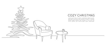 One continuous Line drawing of festive interior with armchair and christmas tree, table and garland. Web banner Modern furniture for living room decor in simple linear style. Vector illustrationのイラスト素材