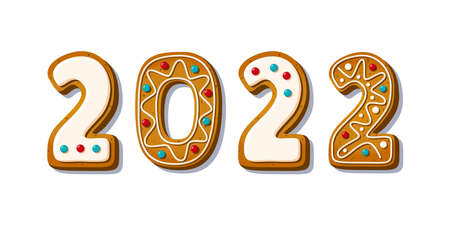 Gingerbread cookie numerals with phrase 2022 top view in cartoon style. Sweet biscuit in new year message isolated on white background. Vector illustrationのイラスト素材