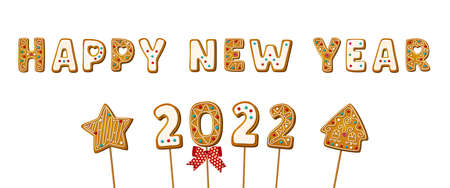 Gingerbread cookie letters on wooden sticks with phrase happy new year in cartoon style. Cake pop with sweet biscuit for festive decoration isolated on white background. Vector illustrationのイラスト素材