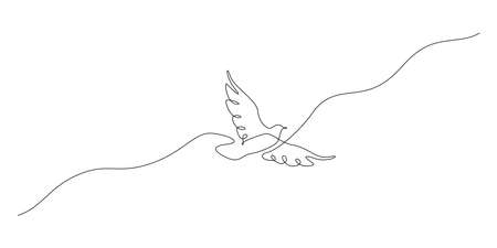 One continuous line drawing of flying up dove. Bird symbol of peace and freedom in simple linear style. Mascot concept for national labor movement icon isolated on white. Doodle vector illustrationのイラスト素材