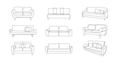 Modern comfy furniture and home interior decorations of trendy loft style outline contour lines. Collection of sofas and couches simple linear silhouette. Doodle vector illustrationのイラスト素材