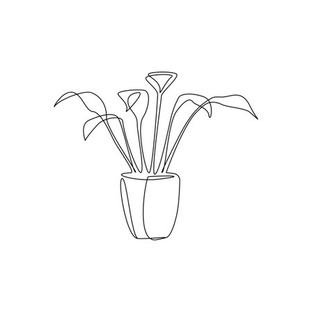 One continuous line drawing of floor potted flower. Linear contour houseplant for home interior decorations of trendy loft style thin silhouette. Doodle Vector illustrationのイラスト素材
