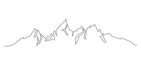 One continuous line drawing of mountain range landscape. Minimalistic skyline with mounts peak in simple linear style. Adventure winter sports concept isolated on white. Vector illustrationのイラスト素材
