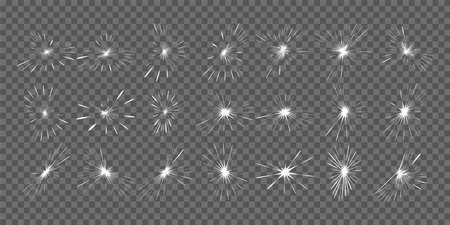Set of sun rays and starbursts. Abstract white beam glow explosion and shine effect supernova isolated on transparent background. Vector illustrationのイラスト素材