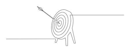 Continuous one line drawing of arrow in center of target. Strategic marketing or business concept with board and shot bullseye in simple Linear style. Doodle vector illustrationのイラスト素材