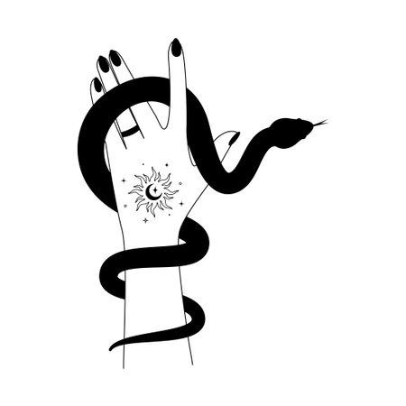 Magic hand and celestial snake outline. Spiritual elegant symbol for branding name and temporary tattoo. Esoteric mystical black silhouette serpent for magic witch craft. Vector illustrationのイラスト素材