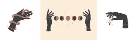 Magic hands with celestial mystical symbols. Spiritual boho elements with moon phases, snake and woman symbol. Black silhouette of woman arms isolated on white. Vector illustrationのイラスト素材