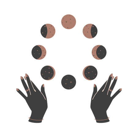 Magic woman hands with moon phases. Alchemy esoteric mystical celestial talisman.のイラスト素材