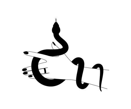 Magic hand and celestial snake outline style. Spiritual elegant symbol for branding name. Esoteric mystical black silhouette serpent for magic witch craft. Vector illustrationのイラスト素材