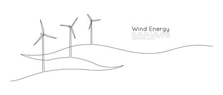 One continuous line drawing of Wind turbines and windmill among hilly landscape. Green energy and renewable source of power concept in simple linear style. Web banner. Vector illustrationのイラスト素材