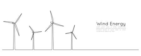 One continuous line drawing of Wind farm turbines and windmill. Green energy and renewable source of power concept in simple linear style. Editable stroke. Outline Vector illustrationのイラスト素材