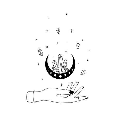 Magic hand with crescent moon with crystal in trendy boho line style. Outline alchemy symbol for branding   and embleb witchcraft shop. Esoteric and mystical design element. Vector illustrationのイラスト素材