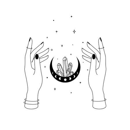 Magic hands with crescent moon and crystal in trendy boho line style. Outline alchemy symbol for branding  for cosmetics or beauty products. Esoteric and mystical Vector illustrationのイラスト素材