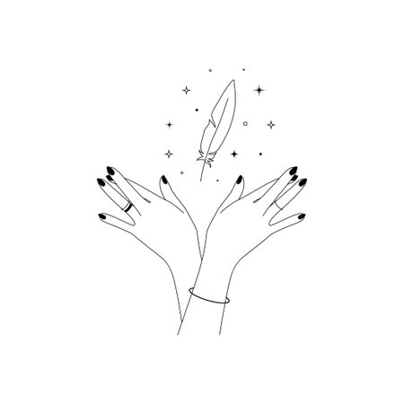 Womens hands with Magic celestial bird feather in simple line art style. Outline Esoteric and mystical symbol for branding or logo cosmetics and beauty products. Doodle Vector illustrationのイラスト素材