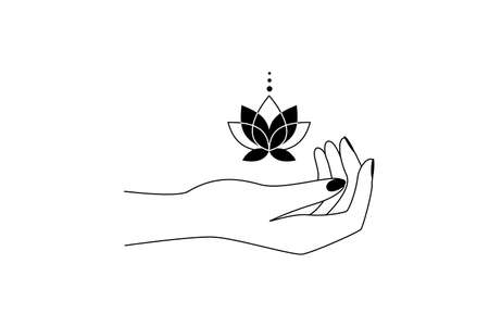 Magic hand with sacred lotus flower line art. Alchemy spiritual tribal symbol for create branding name or logo in outline style. Esoteric and mystical design element. Contour Vector illustrationのイラスト素材