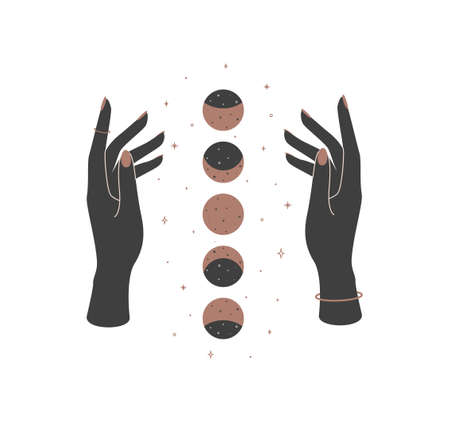 Magic hands with new moon phases in boho retro style. Crescent icon design template for cosmetics and packaging branding name. Black and gold vector illustrationのイラスト素材