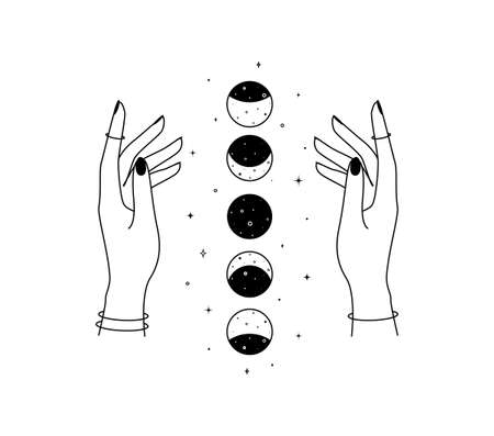 Magic hands with new moon phases in thin linear style. Crescent icon design template for cosmetics and packaging branding name. Black doodle vector illustrationのイラスト素材