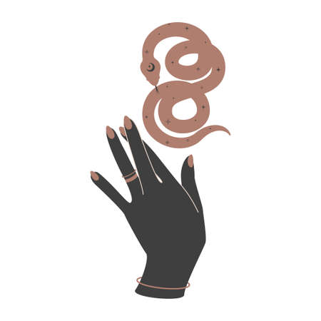 Magic hand with a celestial snake. Spiritual tribal serpent for branding name in boho style. Mystical silhouette viper for alchemy witchcraft. Bohemian Vector illustrationのイラスト素材
