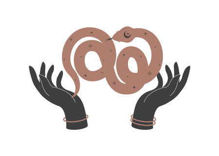Magical hands with celestial snake. Spiritual tribal serpent for branding name. Esoteric mystical...