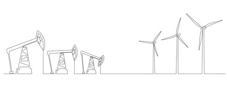 One continuous line drawing of Oil pumps jacks and wind turbines. Concept of energy crisis and Renewable and Non renewable sources in simple linear style. Editable stroke. Doodle vector illustrationのイラスト素材