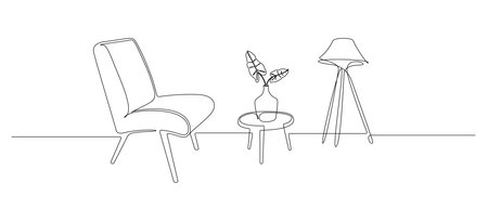 Continuous one line drawing of armchair and table with vase and floor lamp. Loft stylish furniture for living room or hotel concept in simple linear style. Doodle vector illustrationのイラスト素材