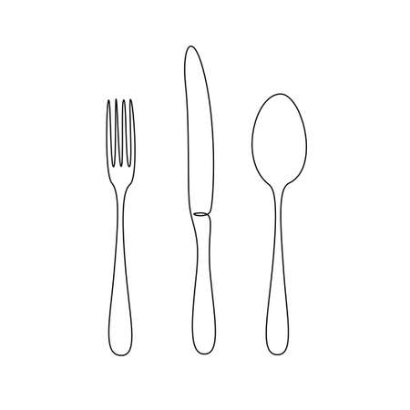 One continuous line drawing of food tools. Spoon Fork and Knife icons for decoration restoran menu in simple linear style. Hand drawn sign or cafe. Doodle vector illustrationのイラスト素材
