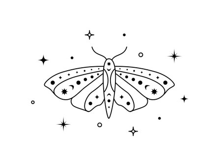 Mystical celestial night butterfly. Spiritual elegant moth for branding and witchcraft shop and cosmetical salon. Esoteric magical temporary tattoo. Doodle Vector illustrationのイラスト素材