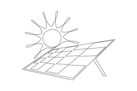 One continuous line drawing of Solar panel with sun. Green clean energy and renewable resources in simple linear style. Power station and save ecology icon. Editable stroke. Doodle vector illustrationのイラスト素材
