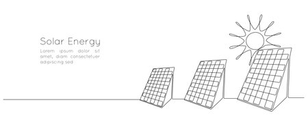 One continuous line drawing of Solar panel with sun. Green clean energy in simple linear style. Renewable and sustainable resources web banner. Editable stroke. Outline vector illustrationのイラスト素材
