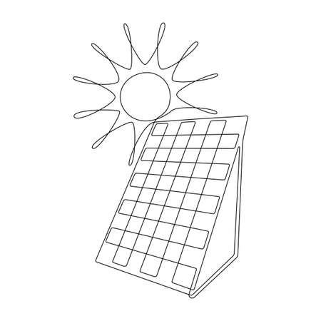 One continuous line drawing of Solar panel with sun. Green clean energy in simple linear style. Renewable and sustainable resources logo. Editable stroke. Doodle vector illustrationのイラスト素材