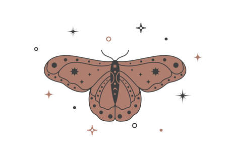 Mystical celestial golden moth with stars. Spiritual elegant butterfly for branding name  cosmetic salon and shop. Esoteric magical temporary tattoo. Doodle Vector illustrationのイラスト素材