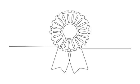 Rosette Stamp award badge with ribbon in one continuous line drawing. Premium quality product and high warranty concept or logo and divider in simple linear style. Doodle vector illustrationのイラスト素材
