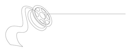 One continuous line drawing of film reel with long tape. Retro old movie and cinema roll in simple linear style. Vintage video filmstrip in editable stroke for web banner. Doodle vector illustrationのイラスト素材