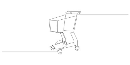One continuous line drawing of shopping cart. Online shop purchase and supermarket symbol in simple linear style. Buy now trolley concept in editable stroke. Doodle vector illustrationのイラスト素材