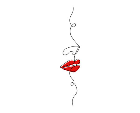One continuous line drawing of lips with red lipstick. Abstract face portrait of makeup in simple linear style. Mascot icon for posters, cards, banner, template, web. Doodle vector illustrationのイラスト素材
