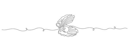 Continuous one line drawing of open oyster shell with pearl. Seashell symbol and banner of beauty spa and wellness salon in simple linear style. Editable stroke. Outline Vector illustrationのイラスト素材