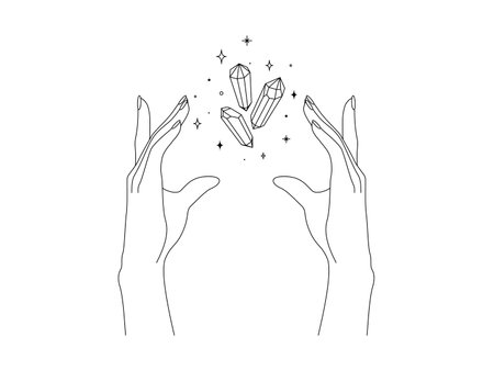 Magic hands with healing crystal in trendy linear minimal style. Logo and icons design template for cosmetics or beauty products. Esoteric and mystical design elements. Doodle vector illustrationのイラスト素材