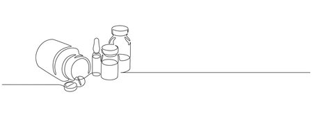 One continuous line drawing of medicine set with pills. Pharmaceutical components and capsules in container with drugs symbols in simple linear style. Editable stroke. Contour vector illustrationのイラスト素材