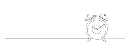 One continuous line drawing of morning alarm clock. Ringing watch to wake up in simple linear style. Reminder and school schedule concept. Editable stroke. Doodle vector illustrationのイラスト素材