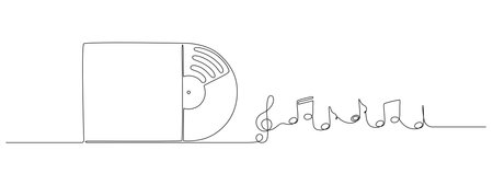 One continuous line drawing of Vinyl LP record. Vintage black disk and Retro sound album in simple linear style. Editable stroke. Doodle contour vector illustrationのイラスト素材