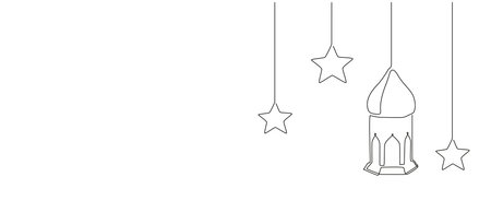 One continuous line drawing of Ramadan kareem. Islamic decoration with lanter and star in simple linear style. Arabic religious holiday celebration. Editable stroke. Doodle vector illustrationのイラスト素材