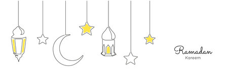 One continuous line drawing of Ramadan kareem. Islamic decoration with lanter, star and moon in simple linear style. muslim religious holiday celebration. Editable stroke. Doodle vector illustrationのイラスト素材