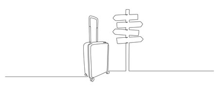 Road directional sign arrows with suitcase in one continuous line drawing. Symbol of travel vacation and journey design for tourist agency in simple linear style. Doodle vector illustrationのイラスト素材